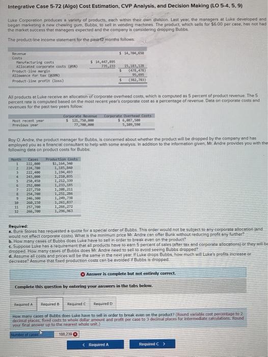 Cost Estimation, CVP Analysis, and Decision Making (LO 5-4.5.9) Luke Corporation produces
