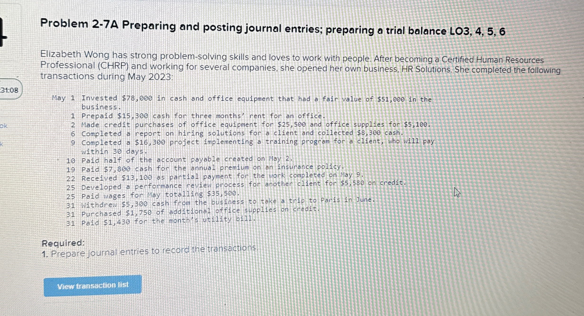  Problem 2-7A Preparing and posting journal entries; preparing a trial balance