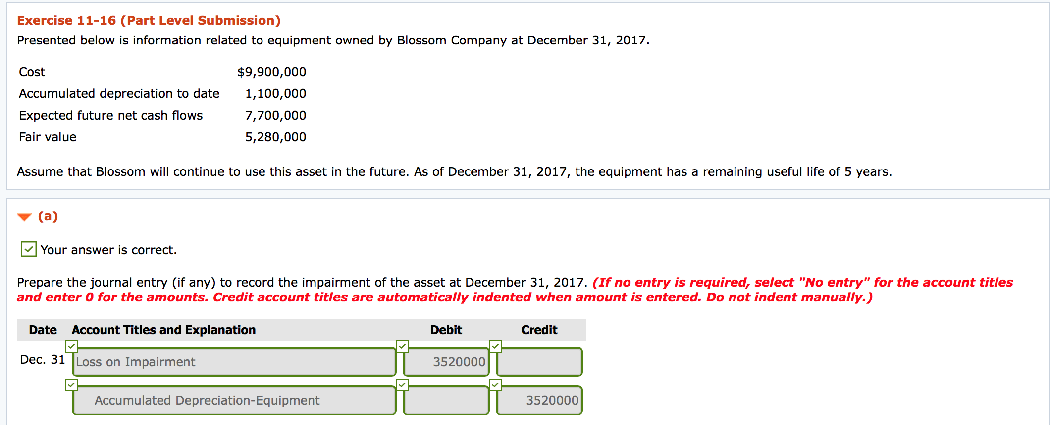 Exercise 11-16 (Part Level Submission) Presented below is information related to