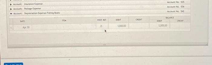 Account No. 219 Account: Food Supplies Account: Prepaid Insurance Account: Fishing Boats