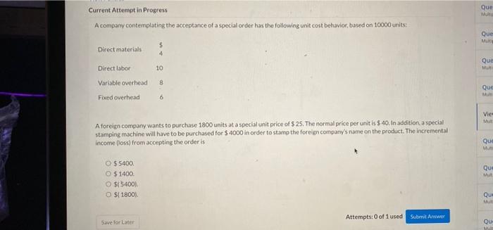costs to produce 12800 units of a subcomponent Question 1 Meer Question