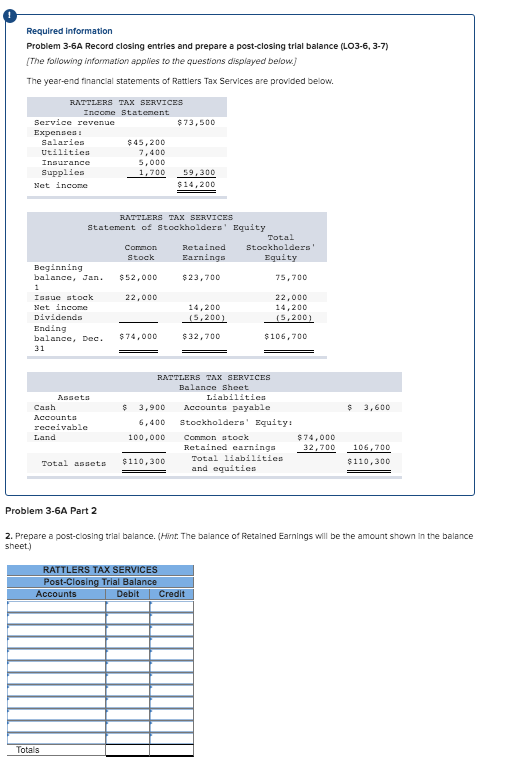 Required information Problem 3-6A Record closing entries and prepare a post-closing