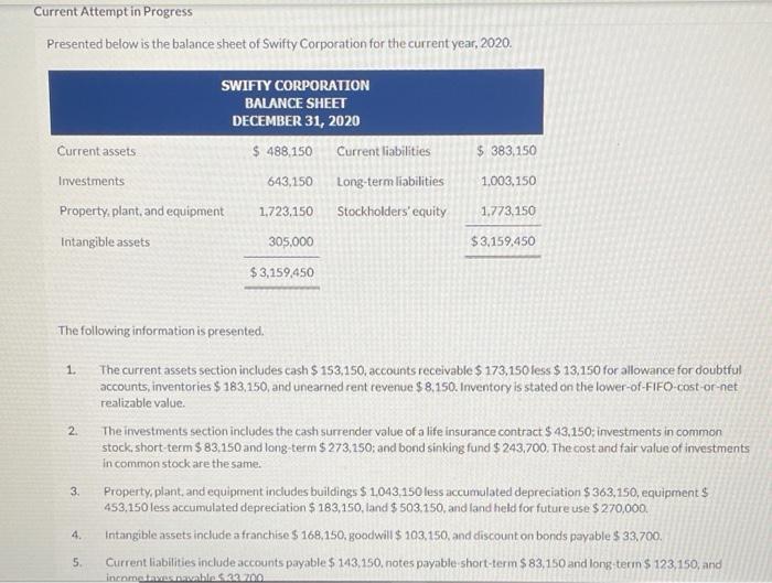  Current Attempt in Progress Presented below is the balance sheet of