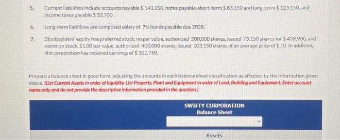 Swifty Corporation for the current year, 2020. $ 383,150 SWIFTY CORPORATION BALANCE