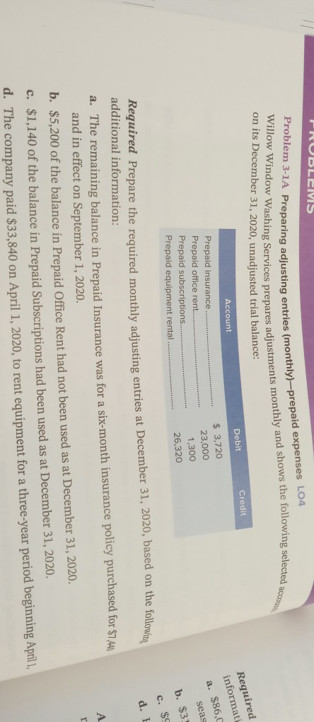 question 3-1A PROBLEIVIS elected acco Problem 3-1A Preparing adjusting entries Willow