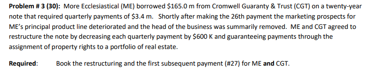 Problem #3 (30): More Ecclesiastical (ME) borrowed $165.0 m from Cromwell