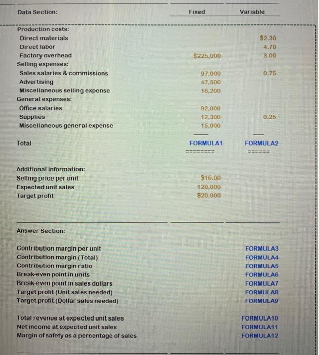  Data Section: Fixed Variable $2.30 4.70 3.00 $225,000 0.75 Production costs:
