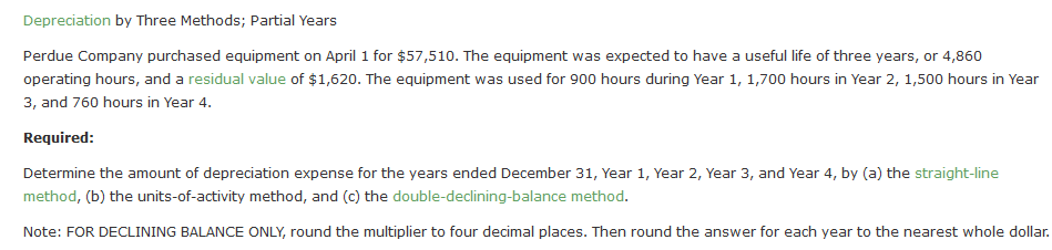 a. Straight-Line Method Depreciation by Three Methods; Partial Years Perdue Company
