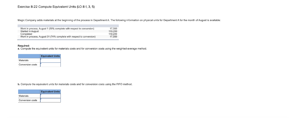 Exercise 8-22 Compute Equivalent Units (LO 8-1, 3, 5) Magic Company