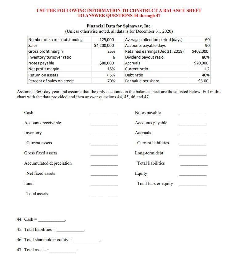  USE THE FOLLOWING INFORMATION TO CONSTRUCT A BALANCE SHEET TO ANSWER
