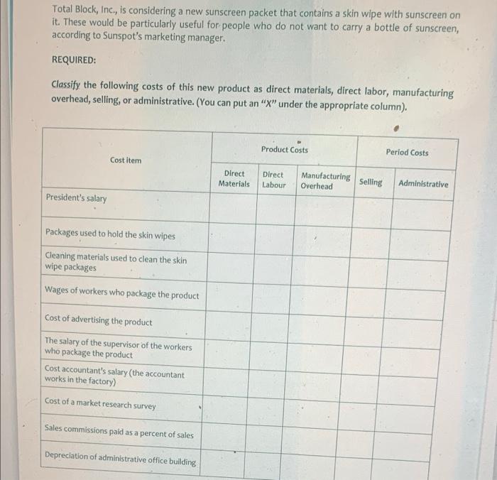  Total Block, Inc., is considering a new sunscreen packet that contains