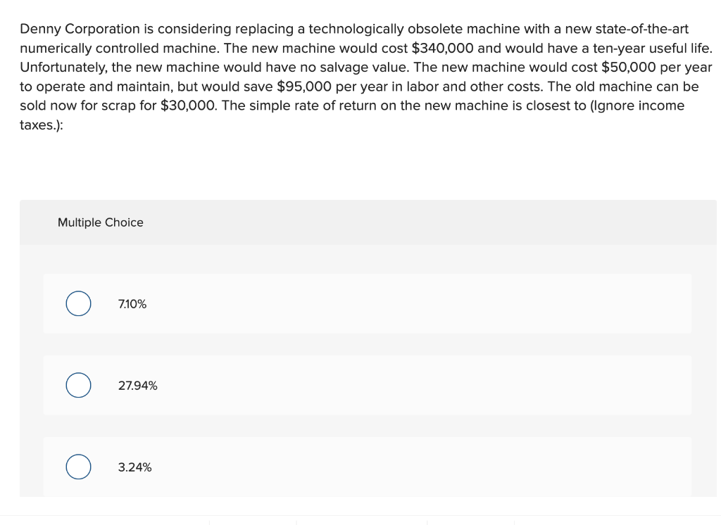 Denny Corporation is considering replacing a technologically obsolete machine with a