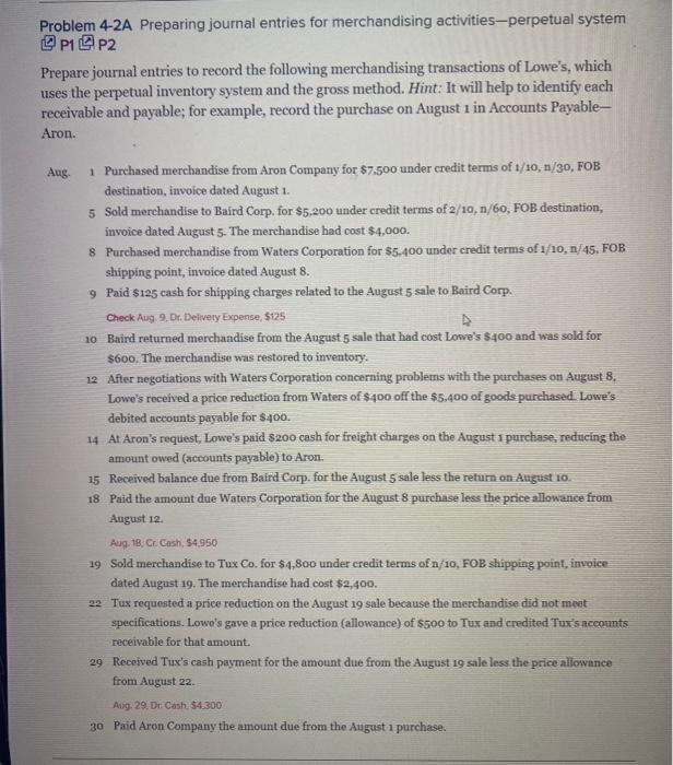  Problem 4-2A Preparing journal entries for merchandising activities--perpetual system PP2 Prepare