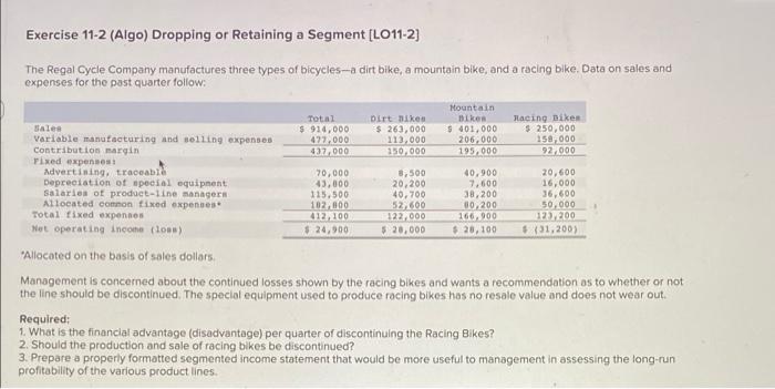  Exercise 11-2 (Algo) Dropping or Retaining a Segment [LO11-2] The Regal