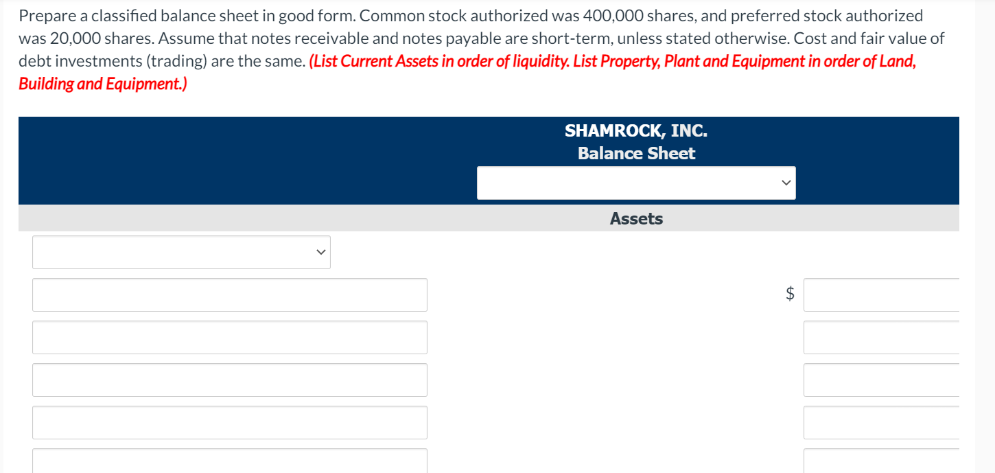 sheet items for Shamrock, Inc. for the current year, 2020. $ 292,500