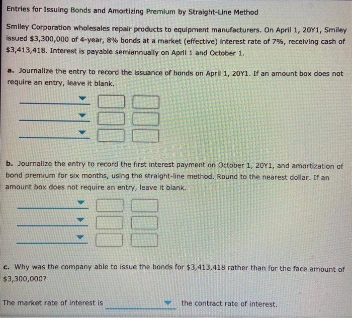  Entries for Issuing Bonds and Amortizing Premium by Straight-Line Method Smiley