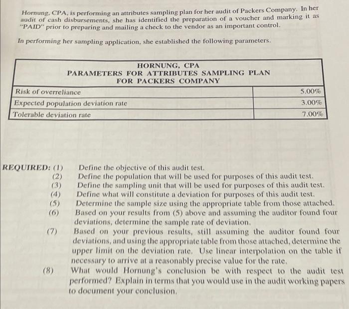  Hornung, CPA, is performing an attributes sampling plan for her audit