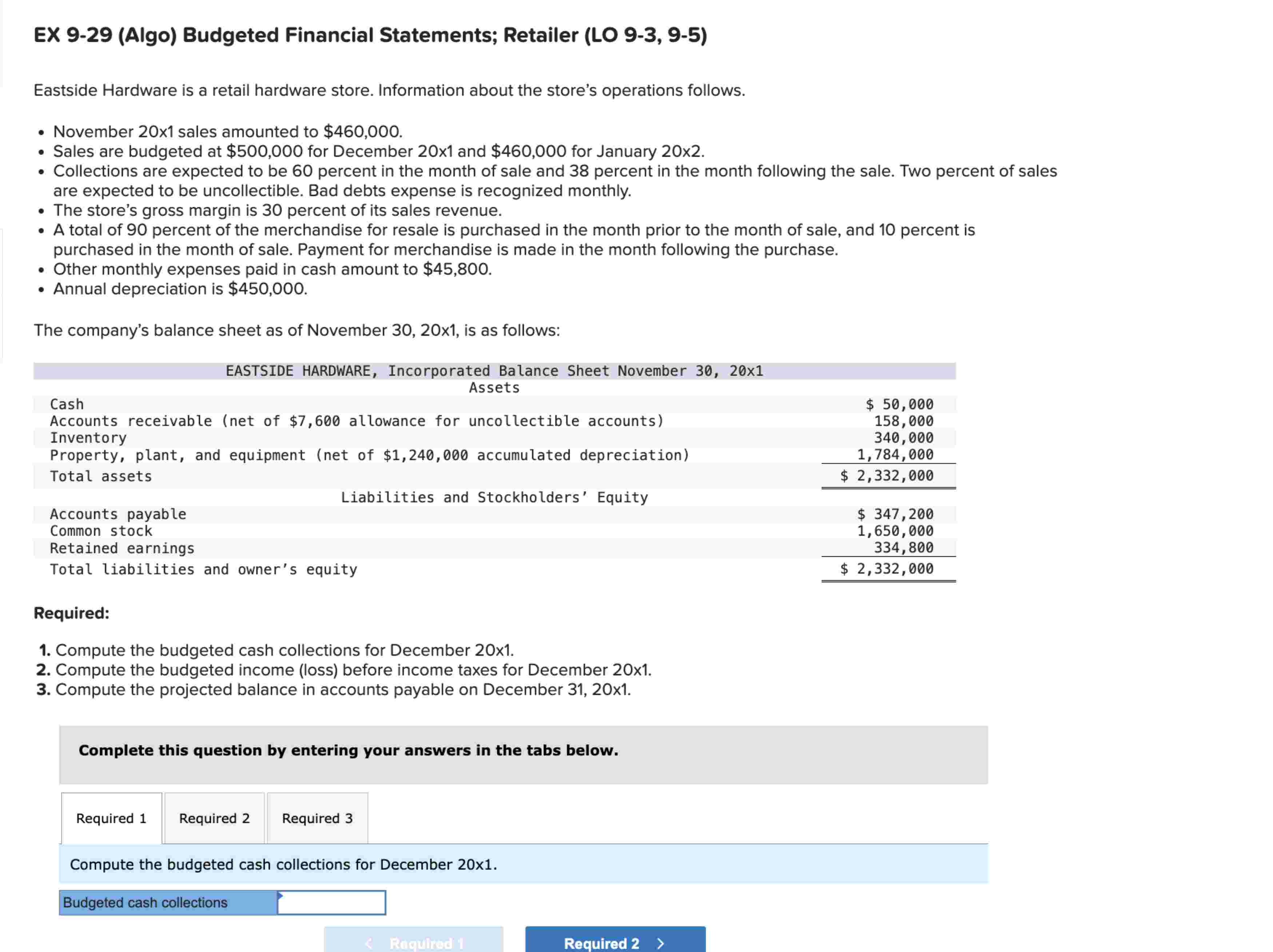  EX 9-29(Algo) Budgeted Financial Statements; Retailer (LO 9-3,9-5) Eastside Hardware is