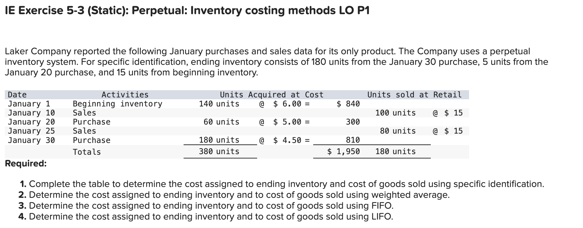  IE Exercise 5-3(Static): Perpetual: Inventory costing methods LO P1 Laker Company