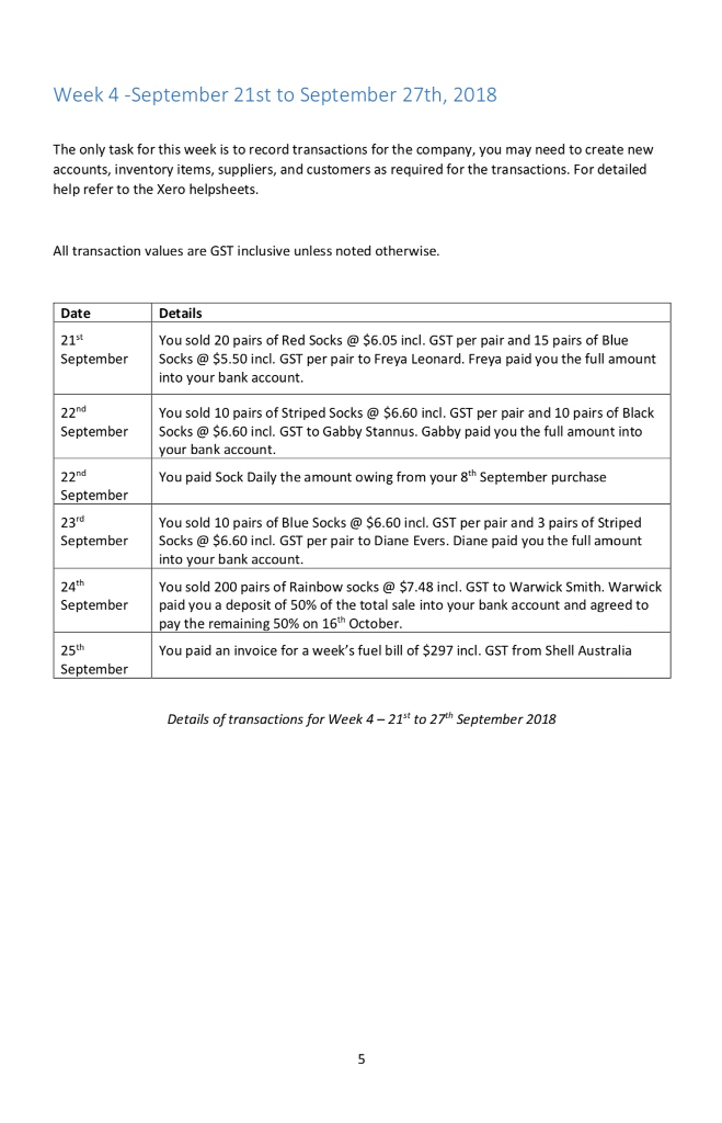 for the month of September 2018. The assignment contains 5 separate sections,