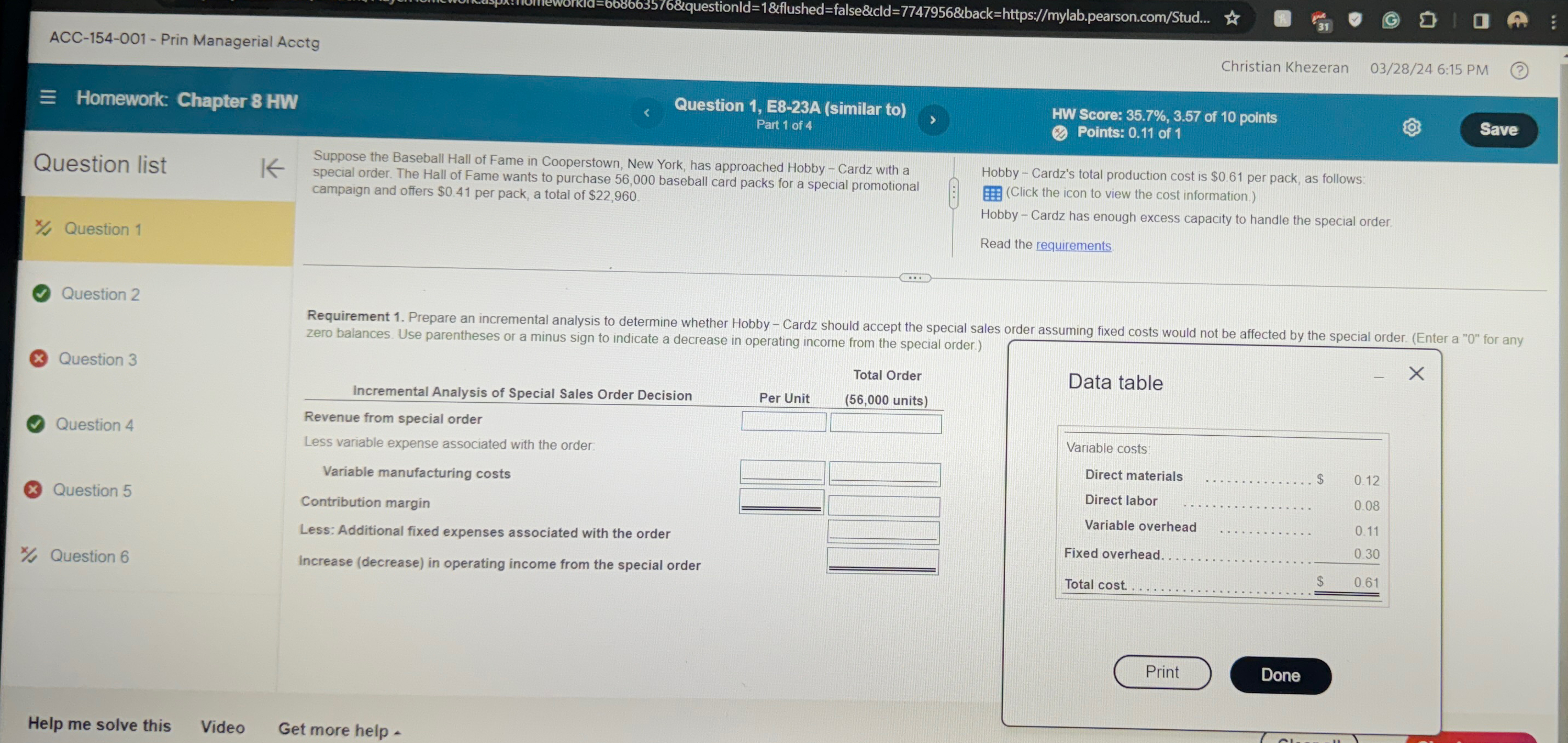  ACC-154-001- Prin Managerial Acctg Christian Khezeran 03/28/246:15 PM Homework: Chapter 8