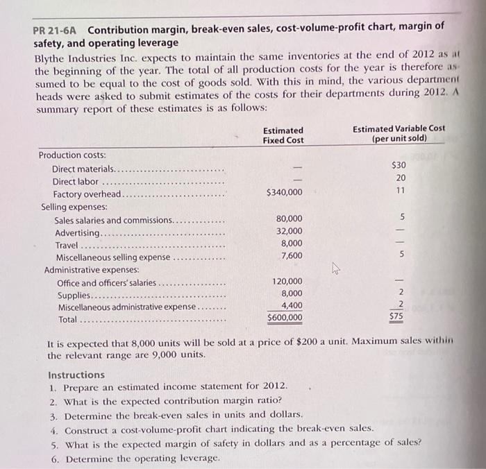 PR 21-6A Contribution margin, break-even sales, cost-volume-profit chart, margin of safety, and