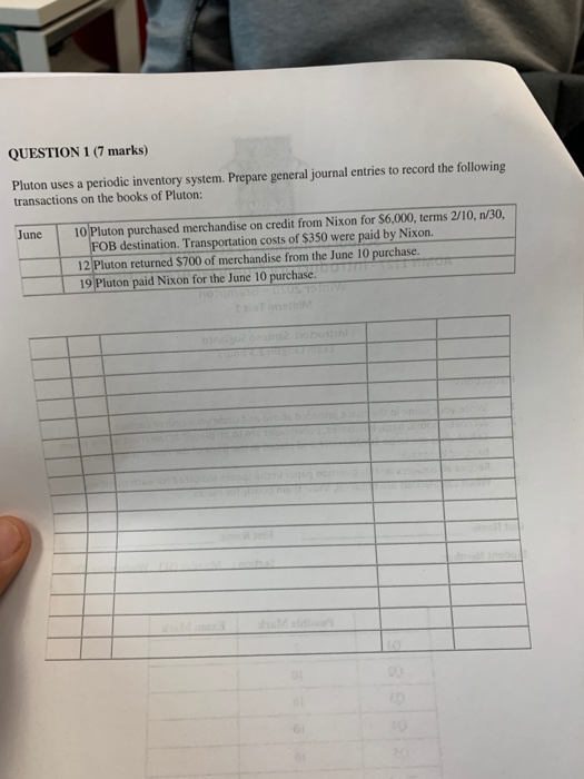  QUESTION 1 (7 marks) Pluton uses a periodic inventory system. Prepare