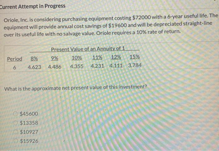  Current Attempt in Progress Oriole, Inc. is considering purchasing equipment costing