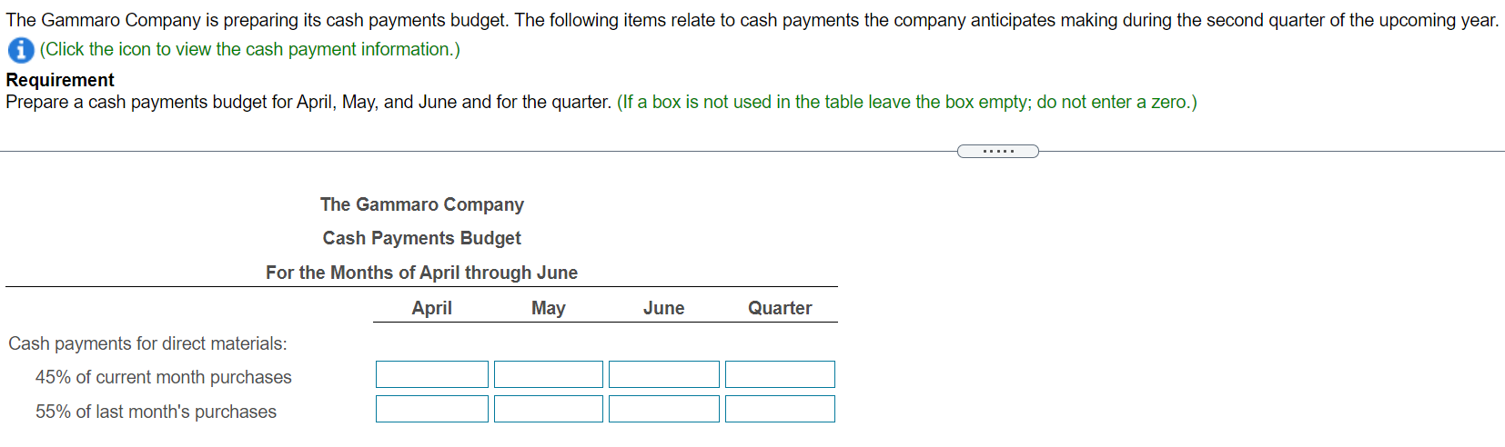 pays for 45% of its direct materials purchases in the month of