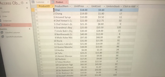 Excel: Access: Question 1.) Product Table Question 2.) SalesPerCustomer Ok. This is