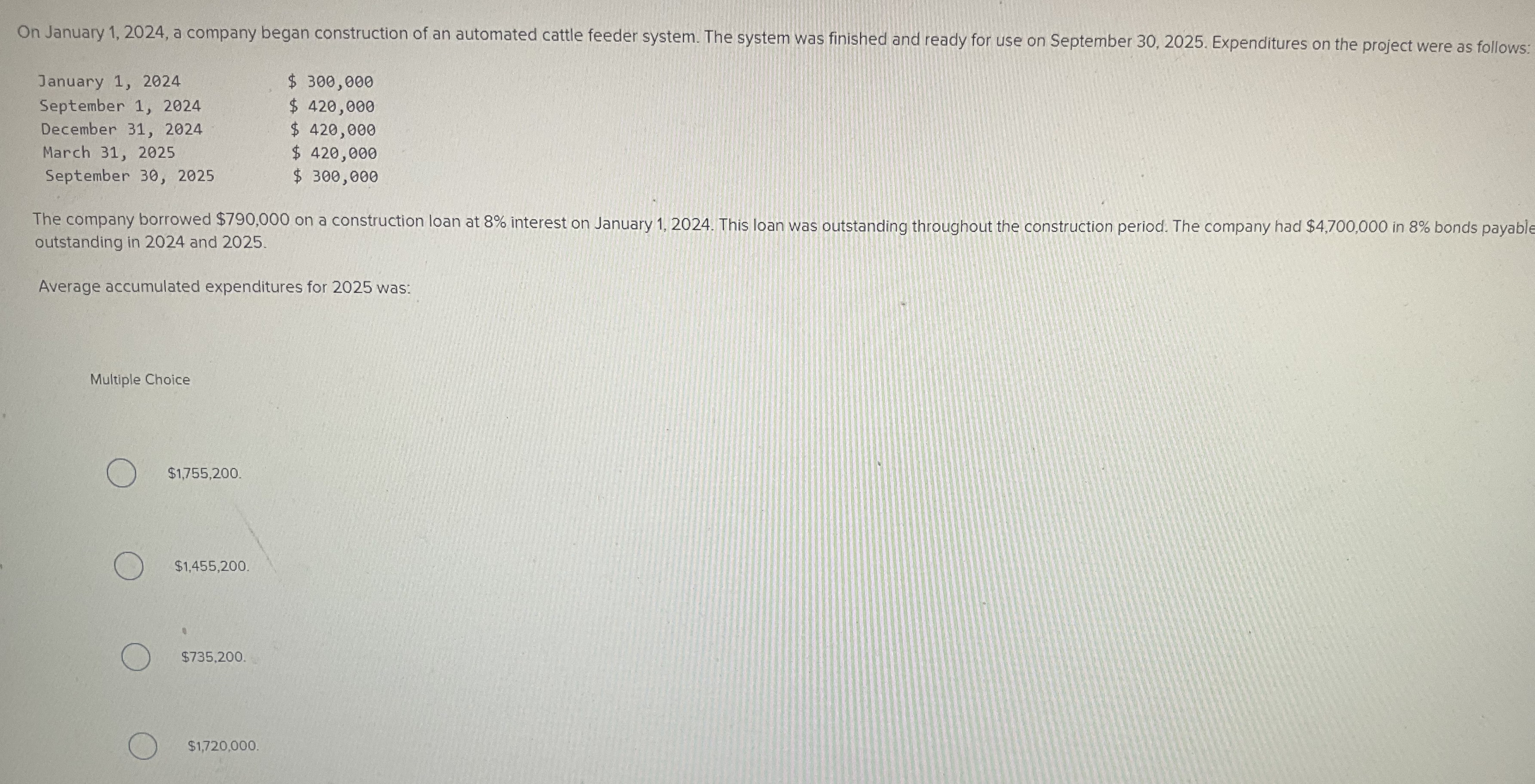  On January 1,2024, a company began construction of an automated cattle