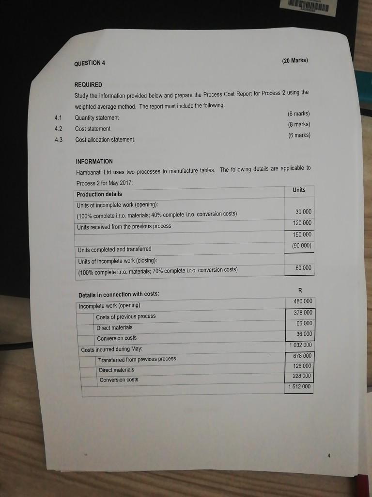  QUESTION 4 (20 Marks) REQUIRED Study the information provided below and