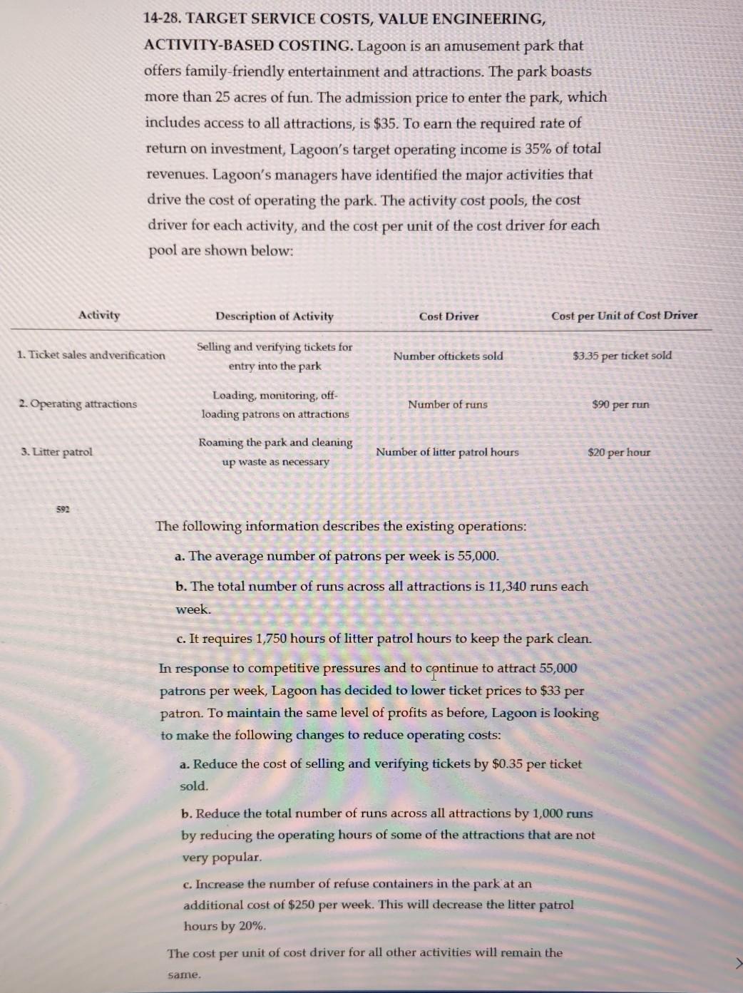 14-28. TARGET SERVICE COSTS, VALUE ENGINEERING, ACTIVITY-BASED COSTING. Lagoon is an