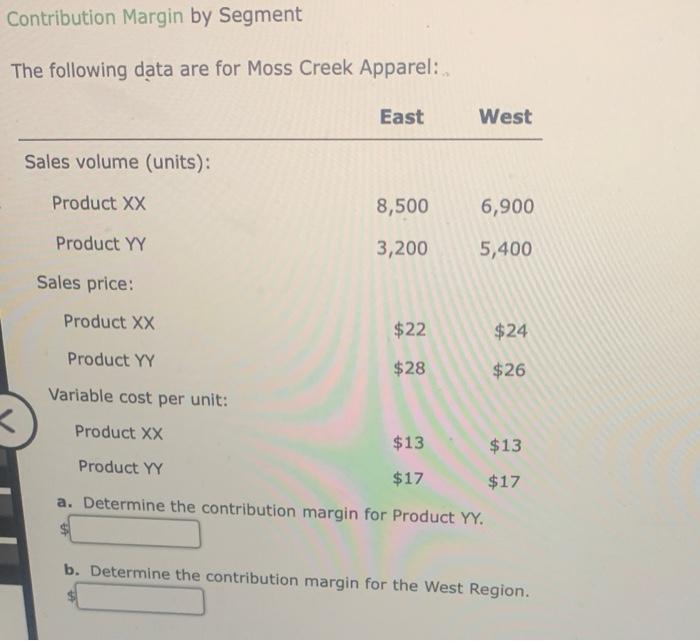  Contribution Margin by Segment The following data are for Moss Creek