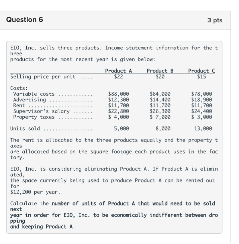  Question 6 6 3 pts EIO, Inc. sells three products. Income