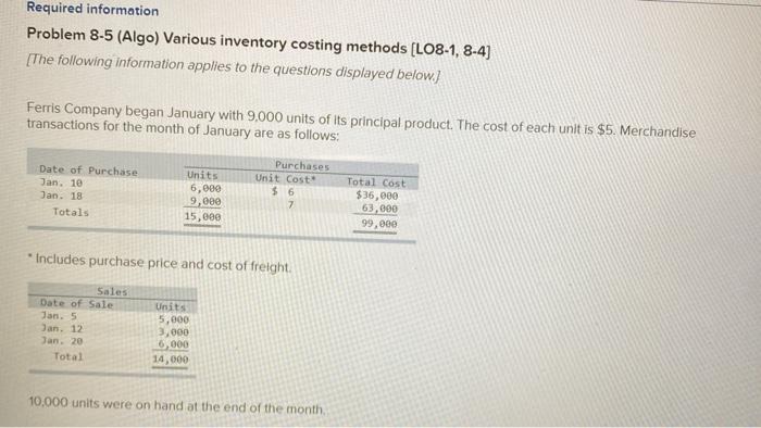  Required information Problem 8-5 (Algo) Various inventory costing methods (L08-1, 8-4)