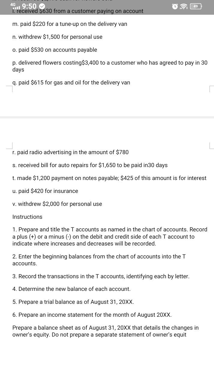 beginning account balances and transactions for the month of August 20XX follow: