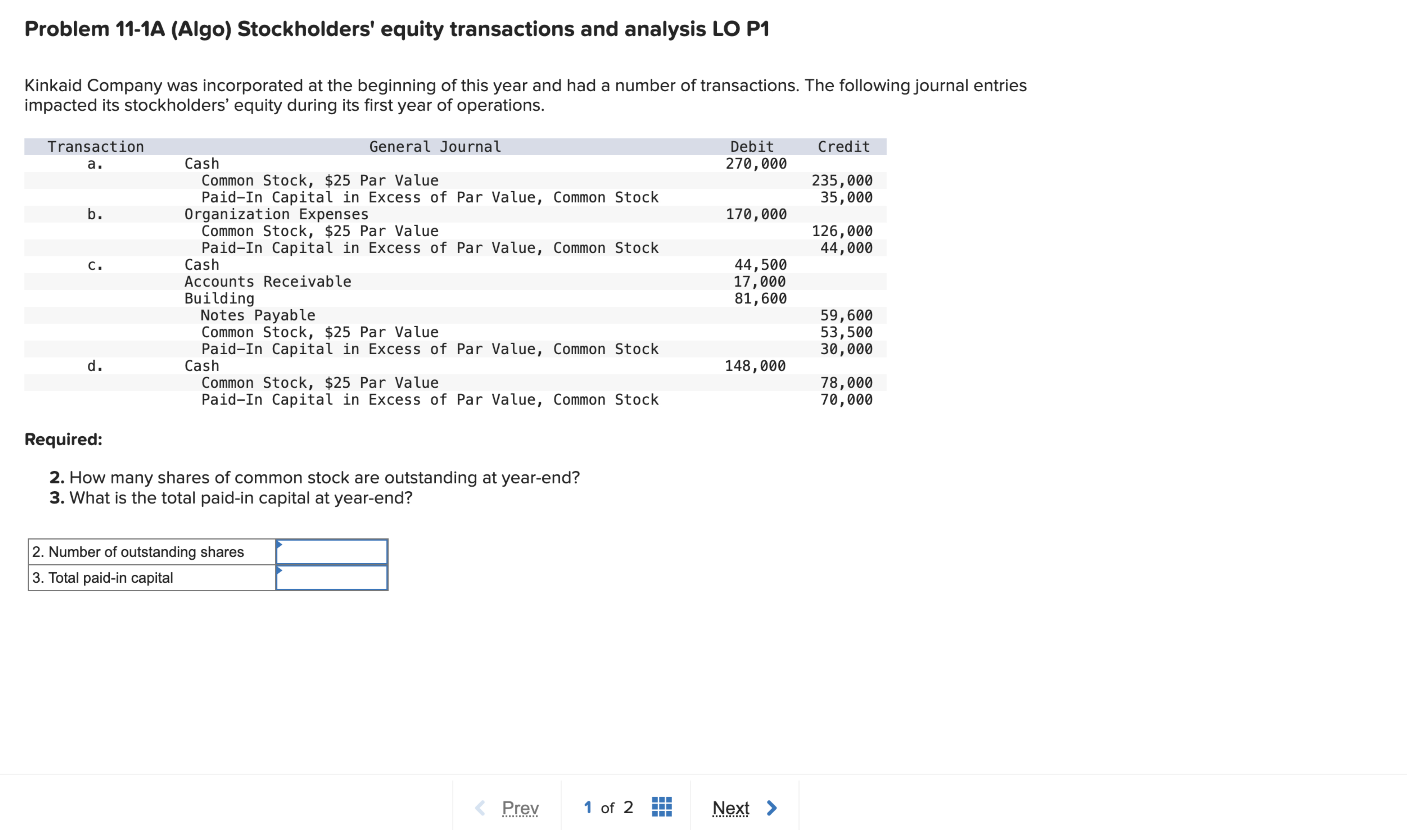  Problem 11-1A (Algo) Stockholders' equity transactions and analysis LO P1 Kinkaid