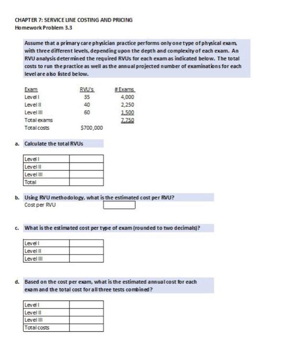  CHAPTER 7: SERVICE LINE COSTING AND PRICING Homework Problem 3.3 Assume