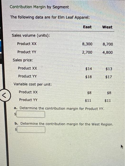  Contribution Margin by Segment The following data are for Elm Leaf