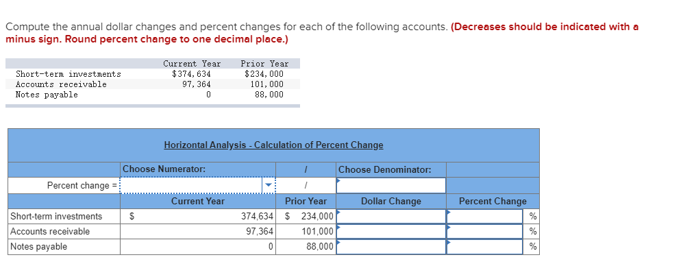 Compute the annual dollar changes and percent changes for each of