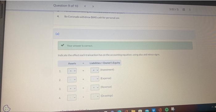 for personal ine (a) Your answer is corret. Assets1.+=+Liabilities+Ownersfecily+(livestment) - Act1d Unik