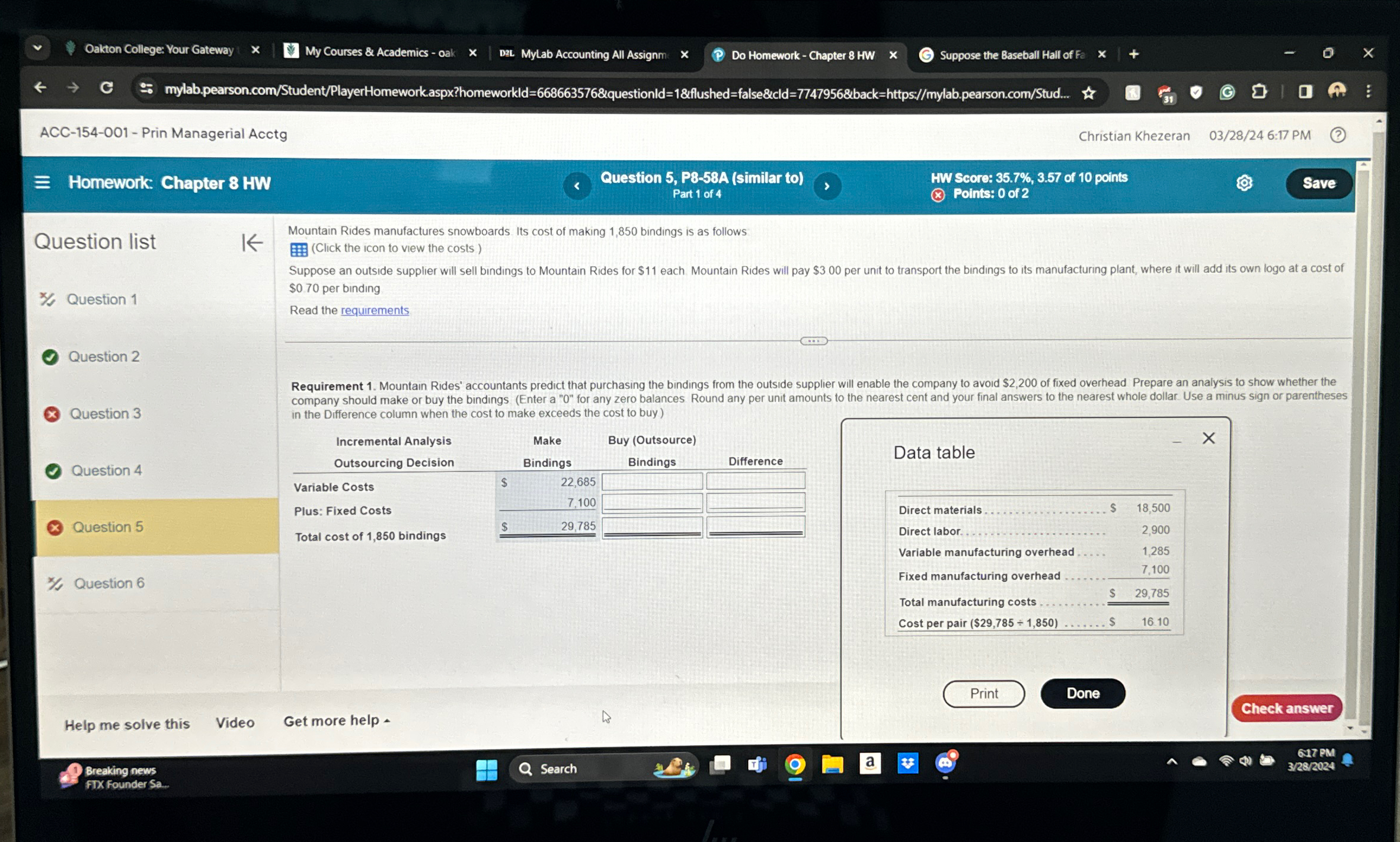 ACC-154-001- Prin Managerial Acctg Christian Khezeran 03/28/246:17 PM Homework: Chapter 8