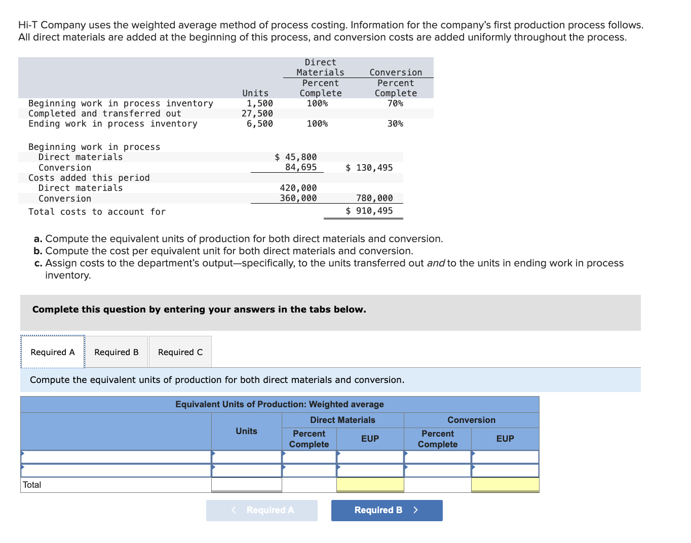  Hi-T Company uses the weighted average method of process costing. Information