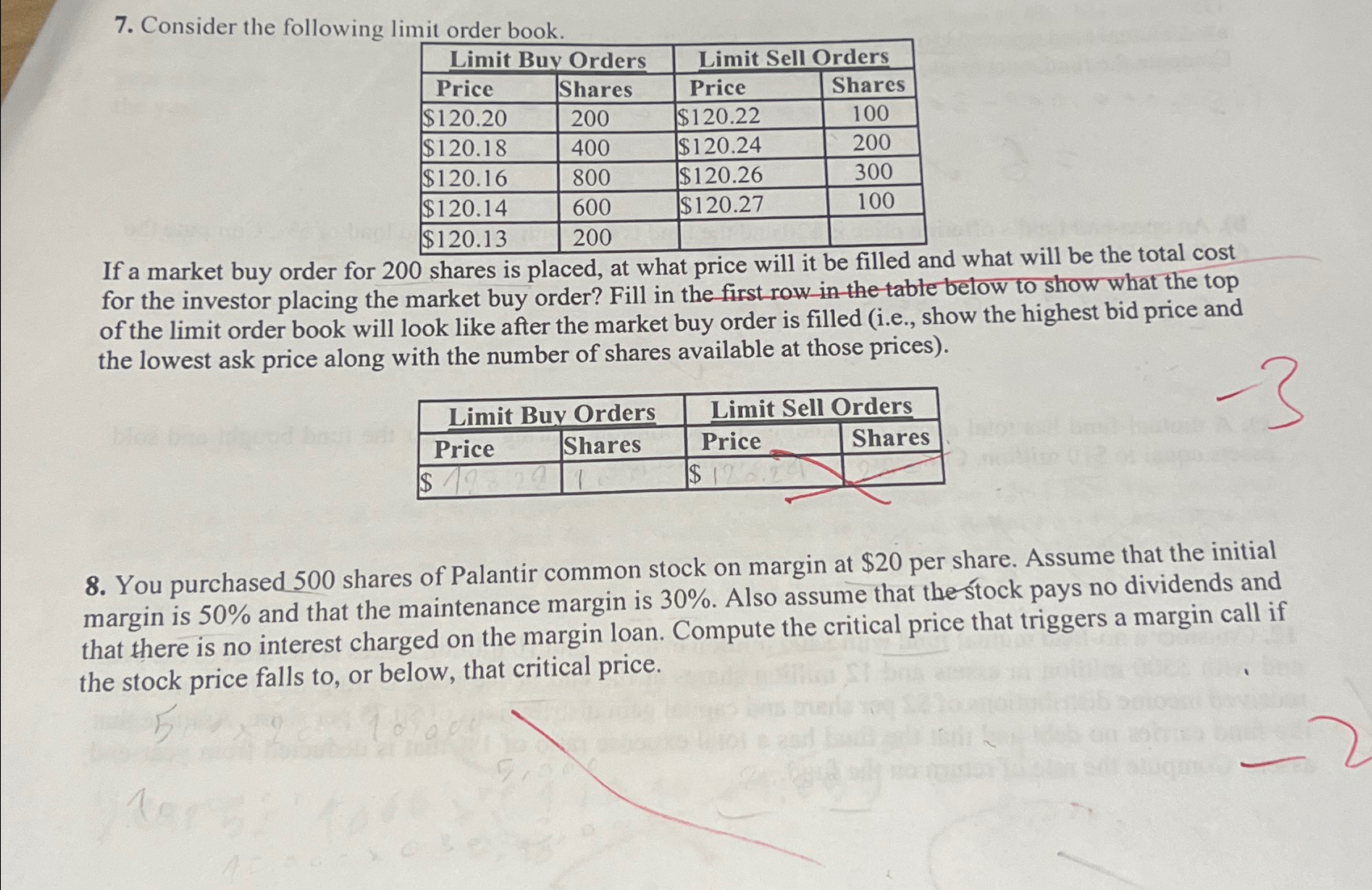  Consider the following limit order book. \table[[Limit Buy Orders,Limit Sell Orders],[Price,Shares,Price,Shares],[$120.20,200,$120.22,100],[$120.18,400,$120.24,200],[$120.16,800,$120.26,300],[$120.14,600,$120.27,100],[$120.13,200,,]]