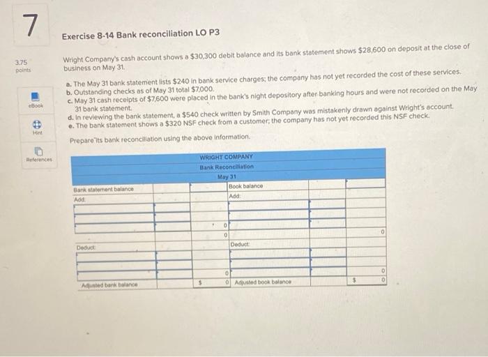  7 Exercise 8-14 Bank reconciliation LO P3 3.75 points Wright Company's