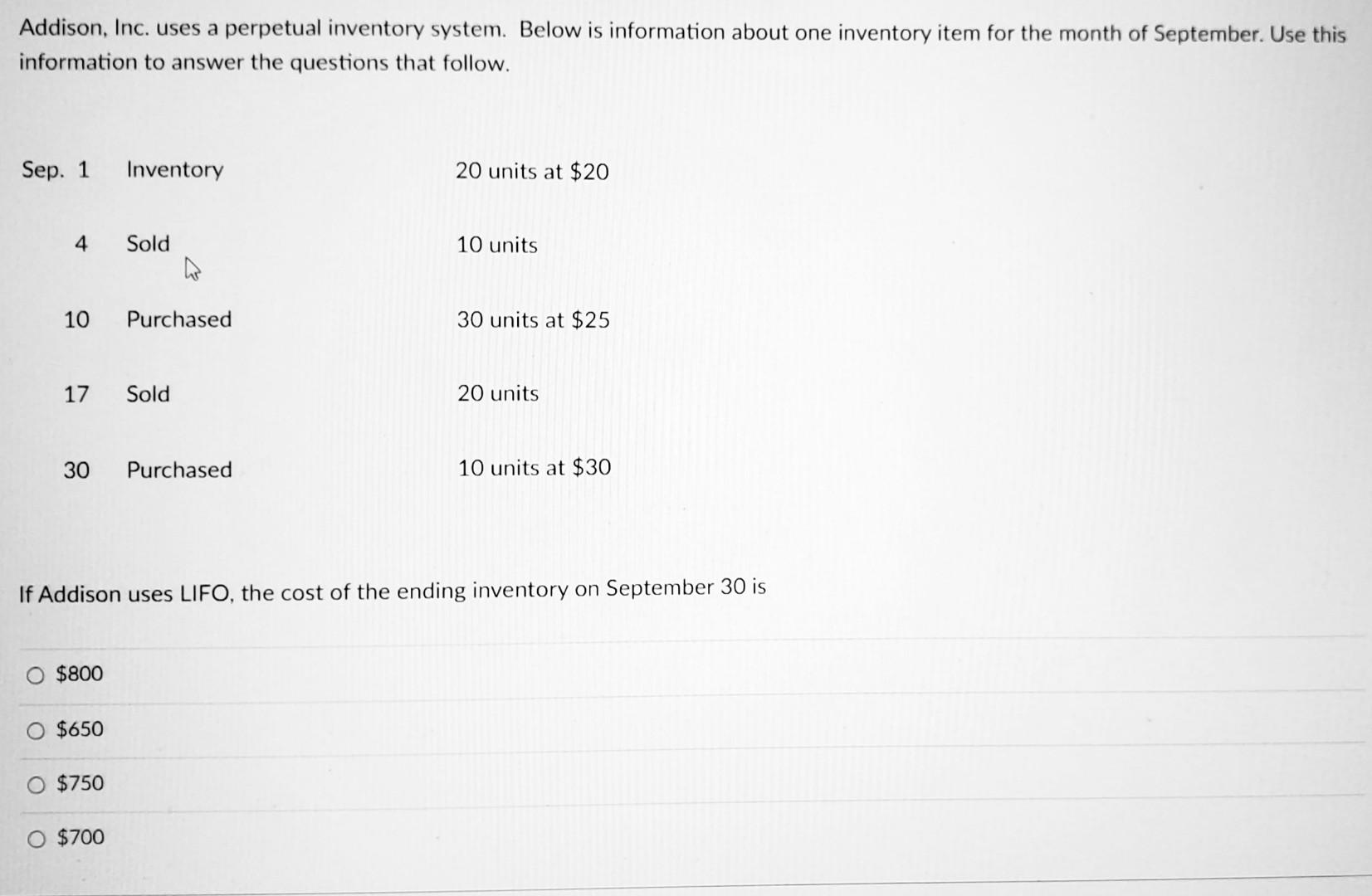 Addison, Inc. uses a perpetual inventory system. Below is information about