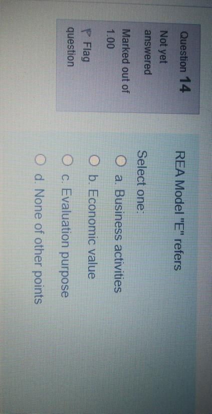  Question 14 REA Model "E" refers Not yet answered Select one: