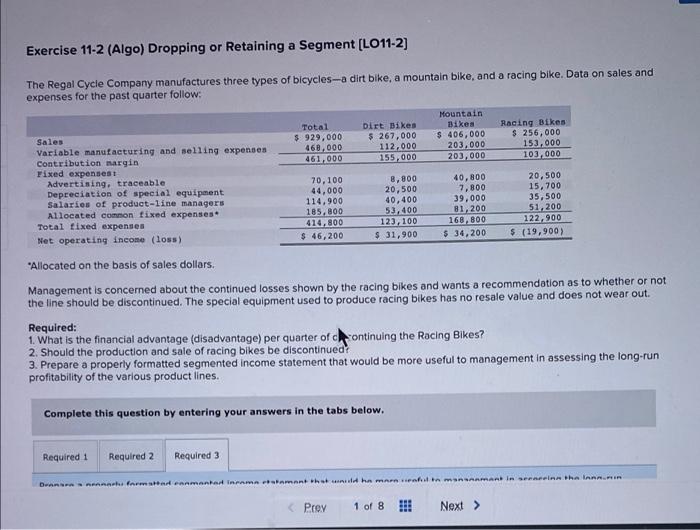  Exercise 11-2 (Algo) Dropping or Retaining a Segment [LO11-2] The Regal