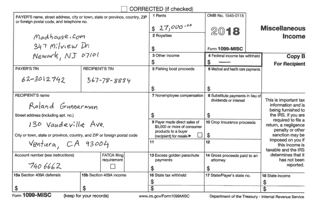 the horse races. Form 1099-S from the title company that handled the